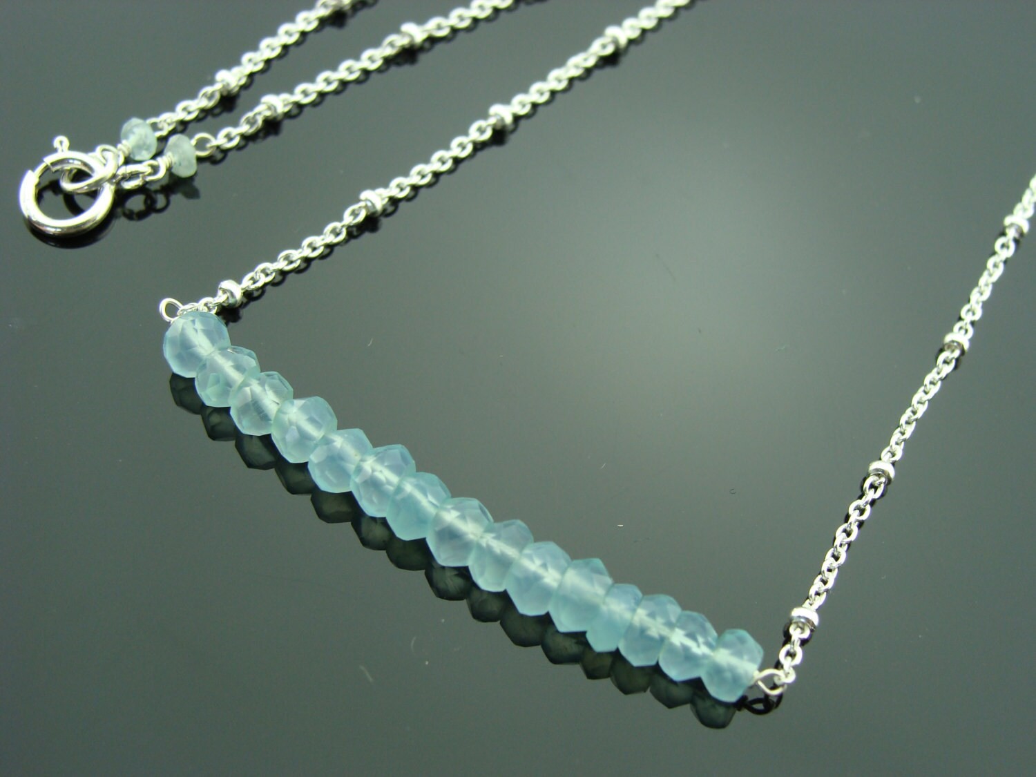 Aqua Blue Chalcedony Bar Necklace · 925 Sterling Silver Horizontal Gemstone
