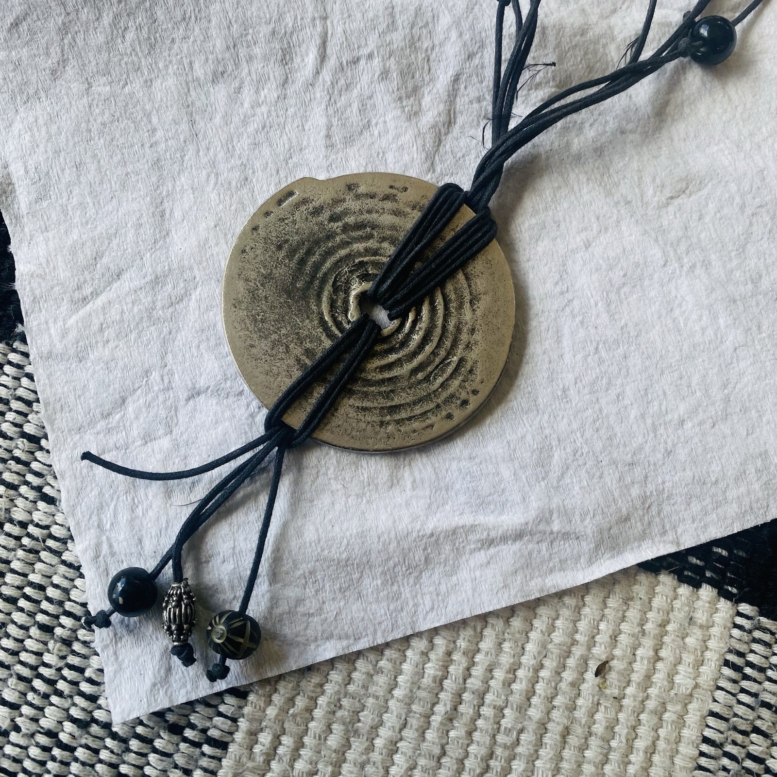 Black Leather Multi-Strand Cord Necklace Round Spiral Pendant Silver Lobster