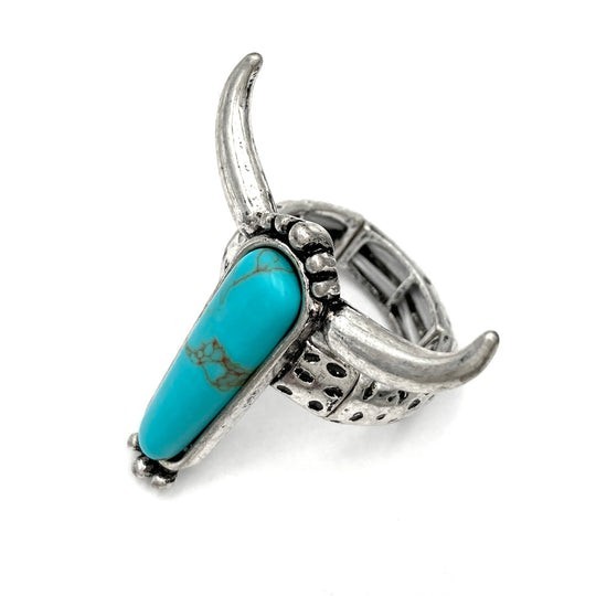 Adjustable Bull Horn Turquoise Cocktail Statement Ring Silver Tone Blue Stone