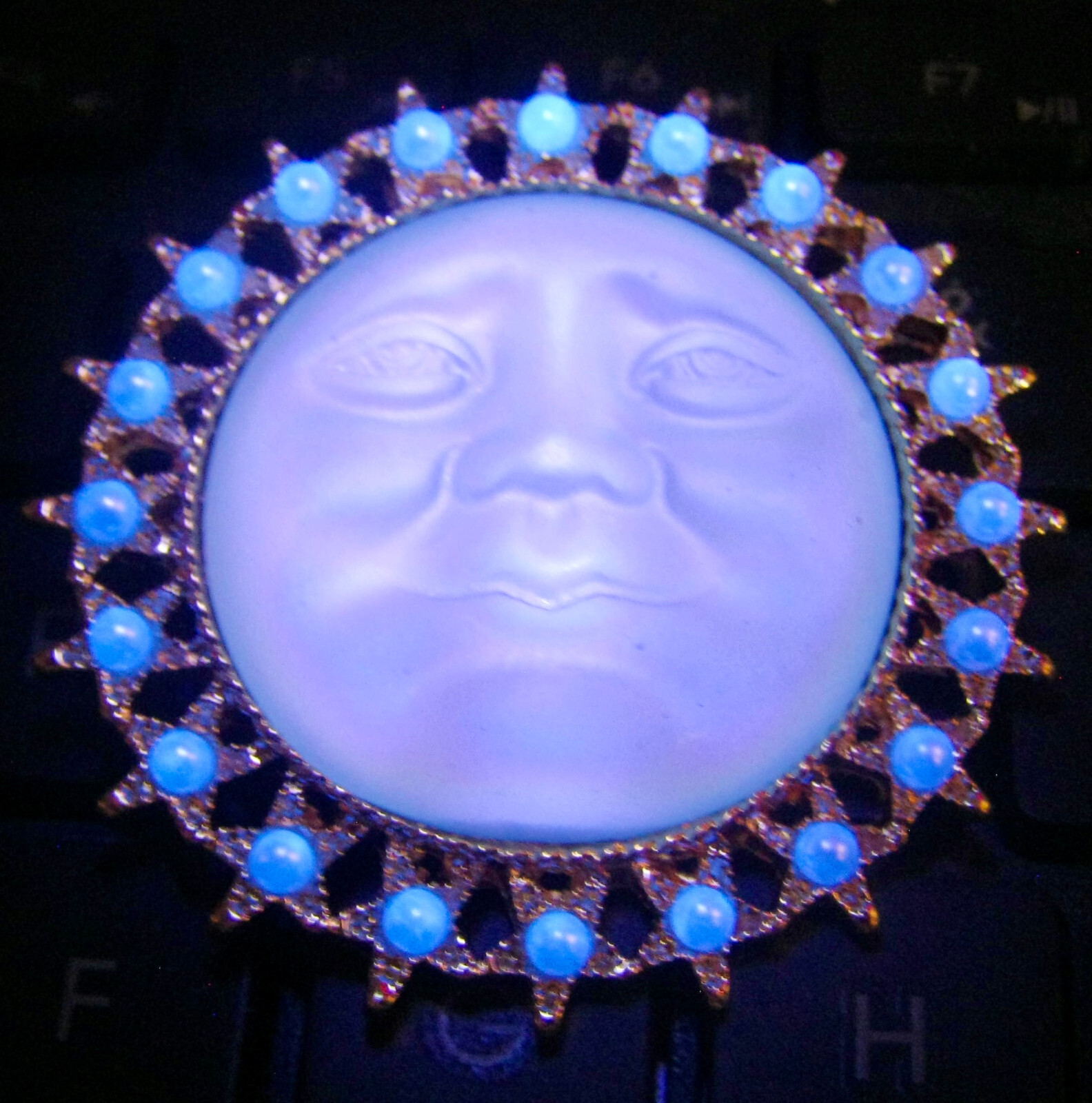 Moon Face Pin Glows in Blue Light Soft Satiny Glass, Faux Pearls