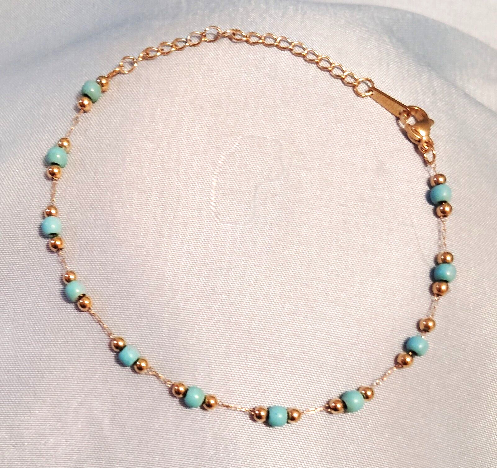 18K Gold Plated Stainless Steel Simulated Turquoise Bead Bracelet 9in Women