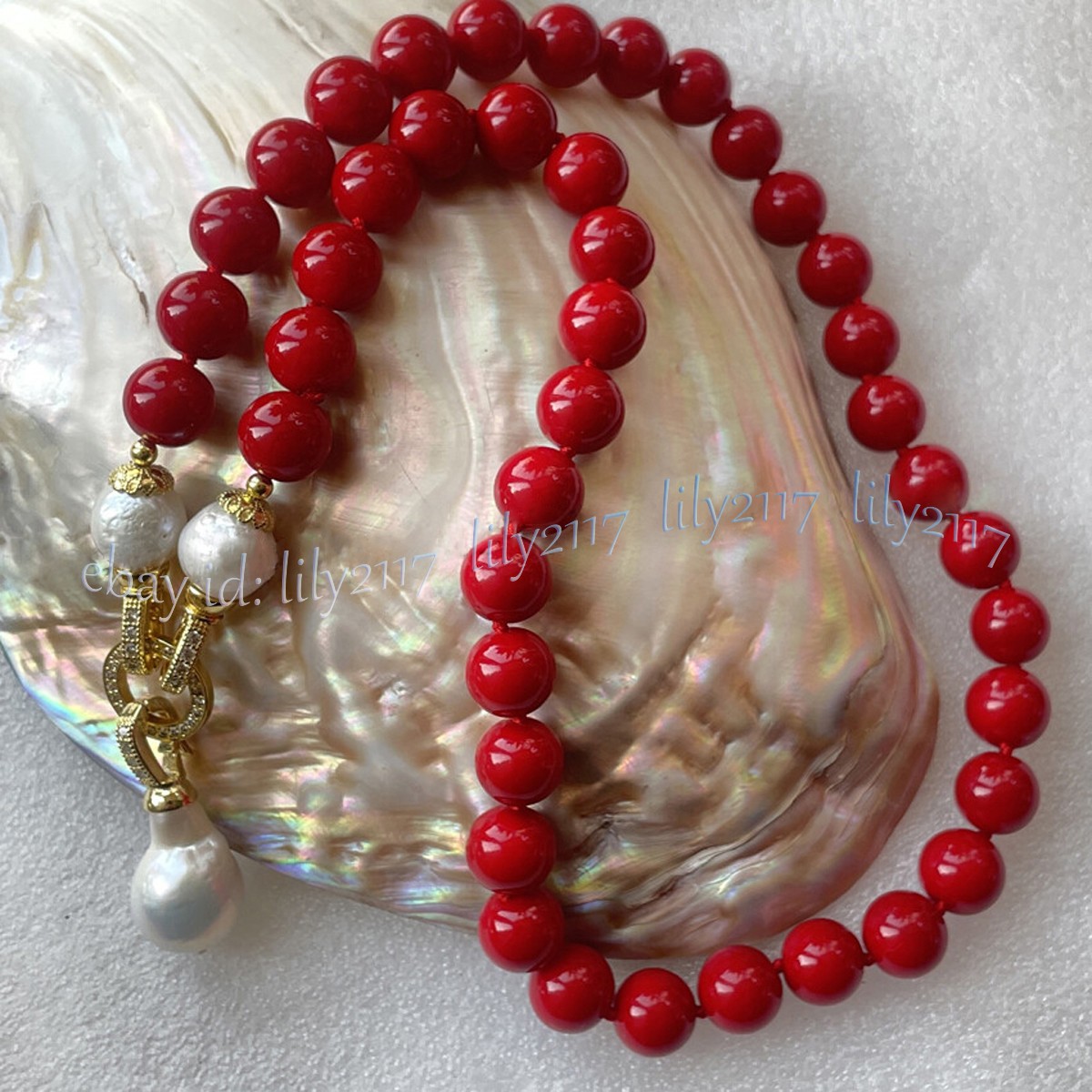 Red Coral Round Gems Beads Natural White Keshi Baroque Pearl Pendant Necklace