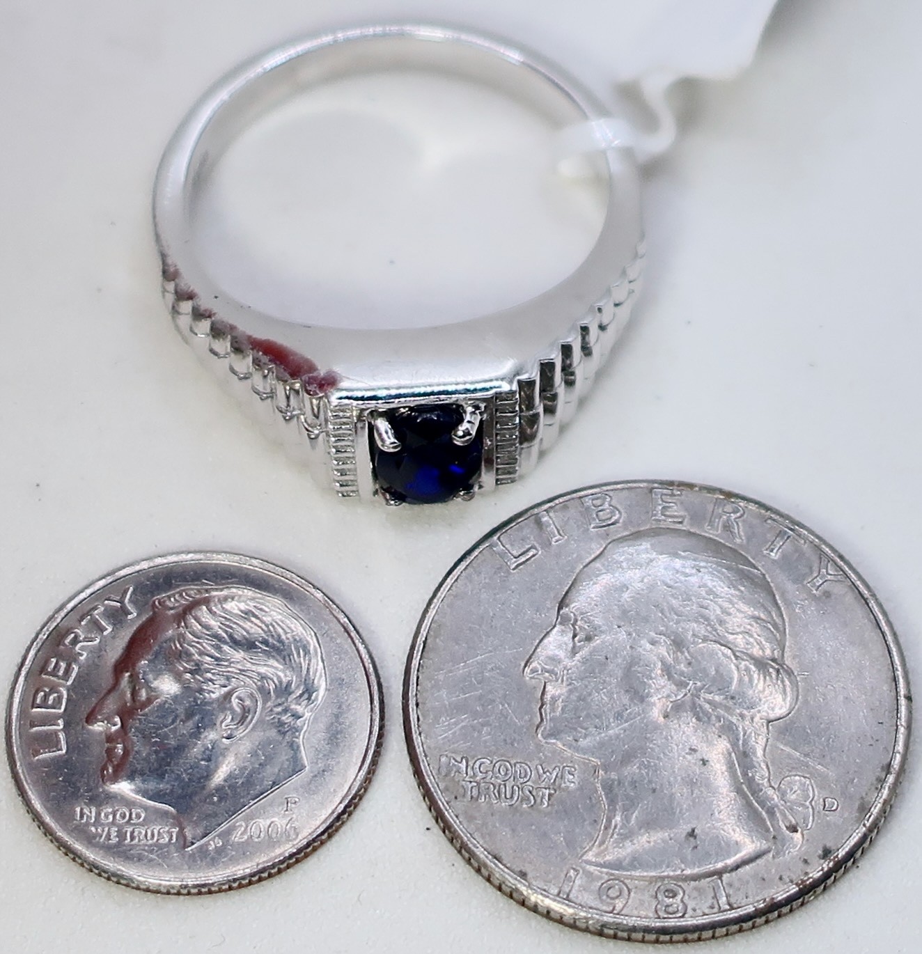 Signed Karis Men’s Statement Sz. 12 Ring Oval Blue Faux Sapphire Platinum Bonded