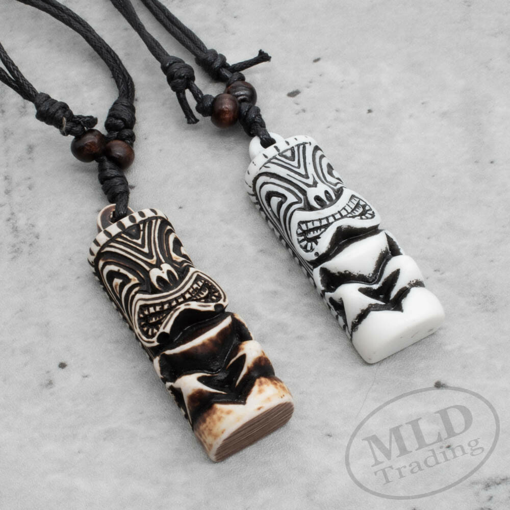 Hawaiian Style TV Show Surfer Tiki Pendant Bone Necklace – 2 Colors Brown White