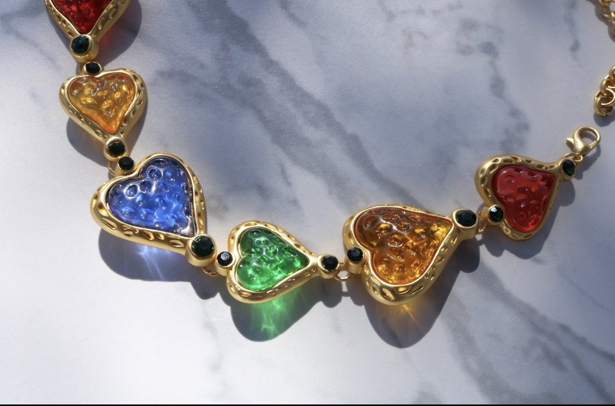 Multi Color Acrylic Textured Heart Matte Gold Toned Statement Runway