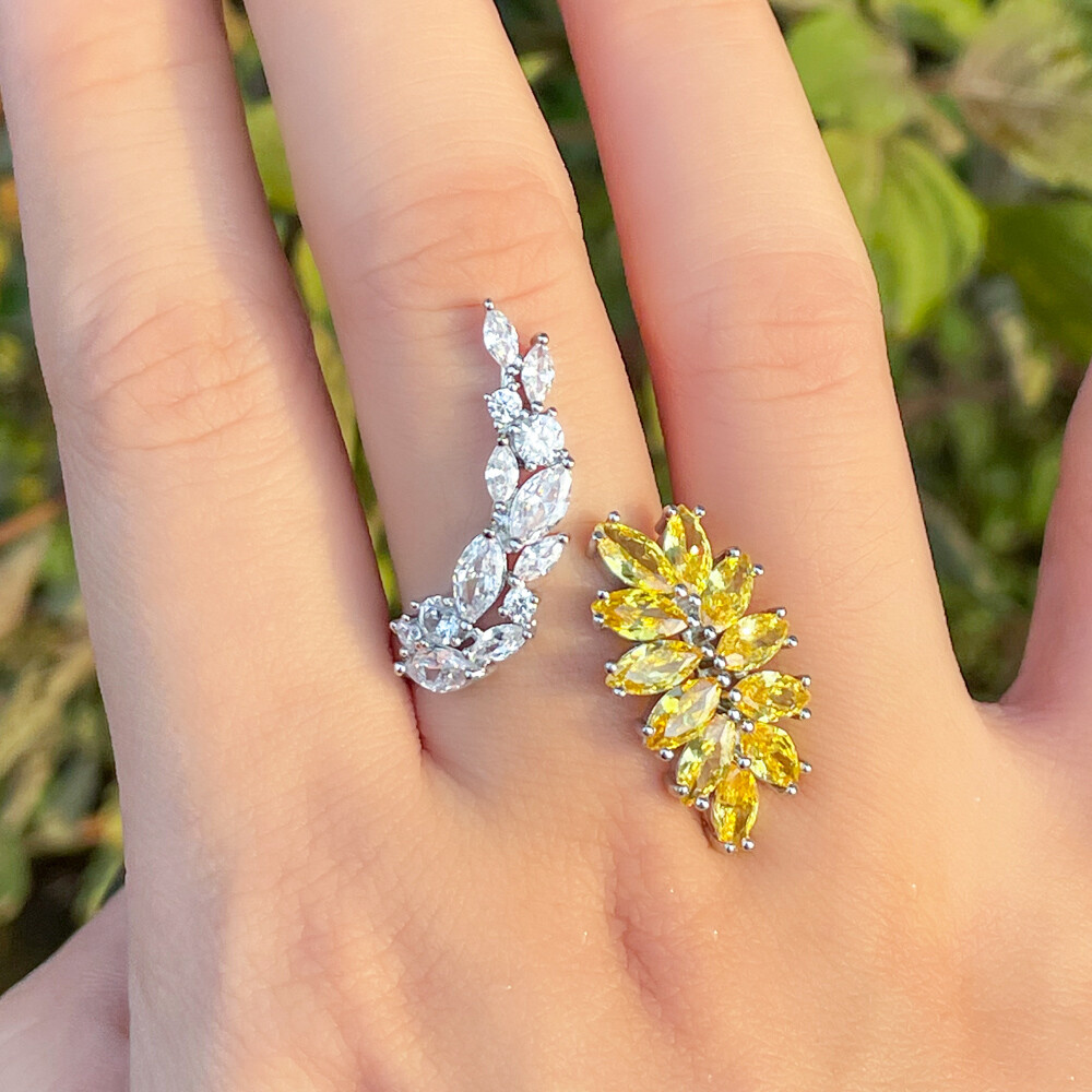 Marquise Silver Plated Yellow Cubic Zirconia Leaf Adjustable Open Cuff Wrap Ring