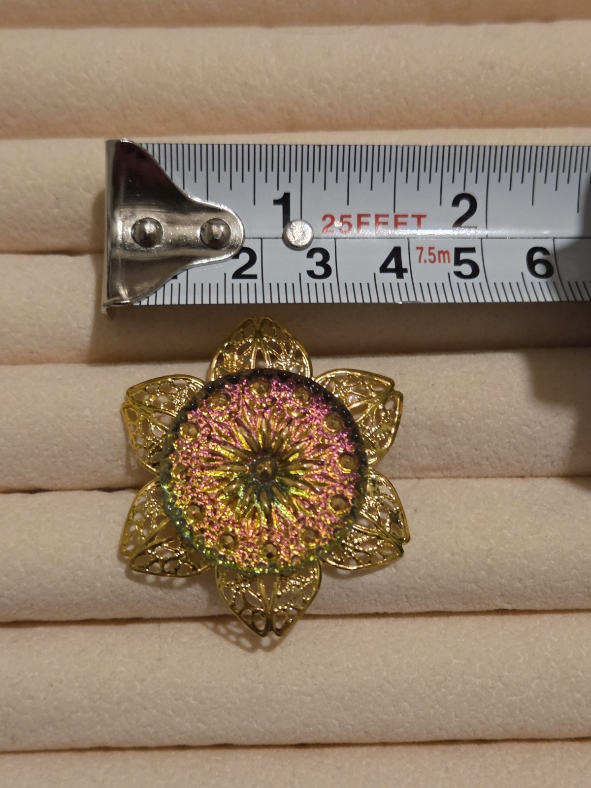 Pink, Green, And Gold Czech Glass Button On Brass Flower Brooch