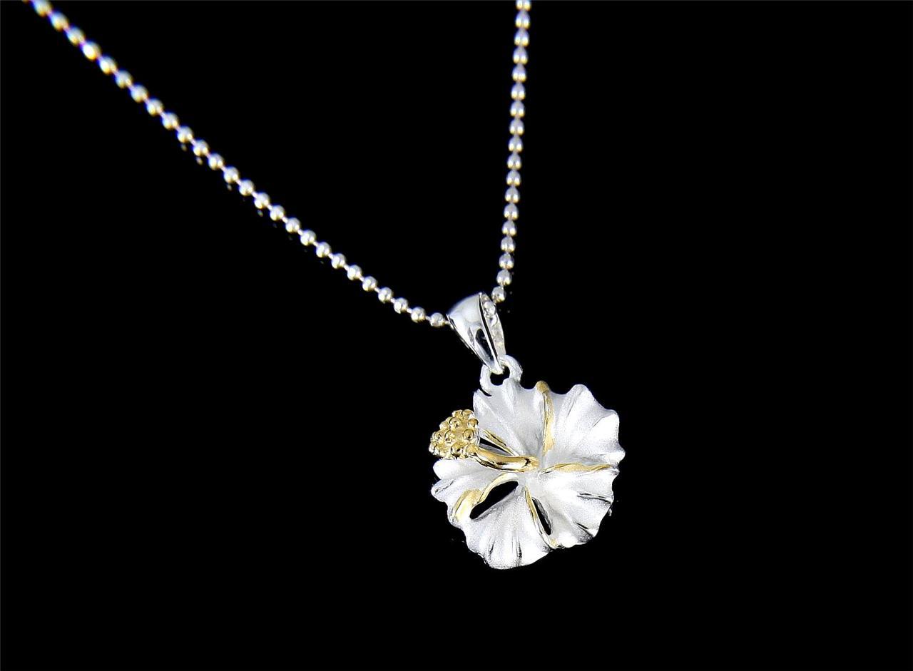 YELLOW GOLD PLATED 2TONE SILVER 925 HAWAIIAN HIBISCUS FLOWER PENDANT 12MM – 25MM
