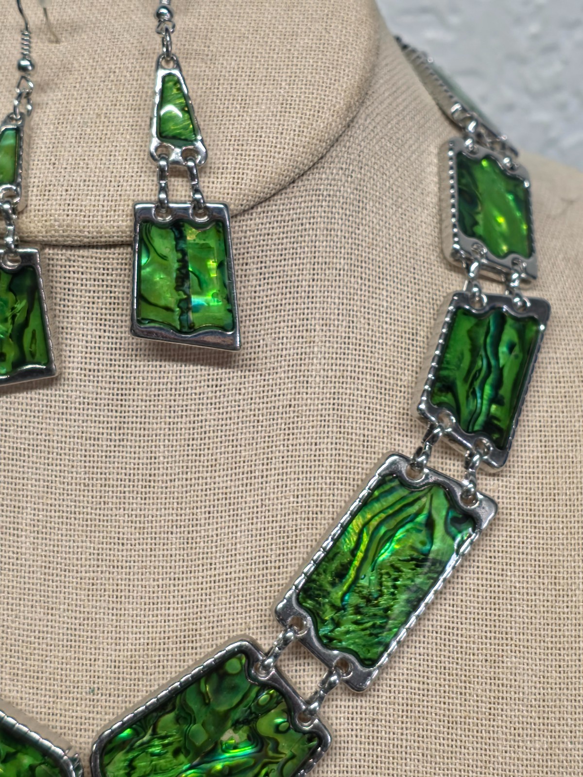 Artisan Abalone Shell Necklace Earring Set Silver Tone Rectangle Mosaic 16-18″