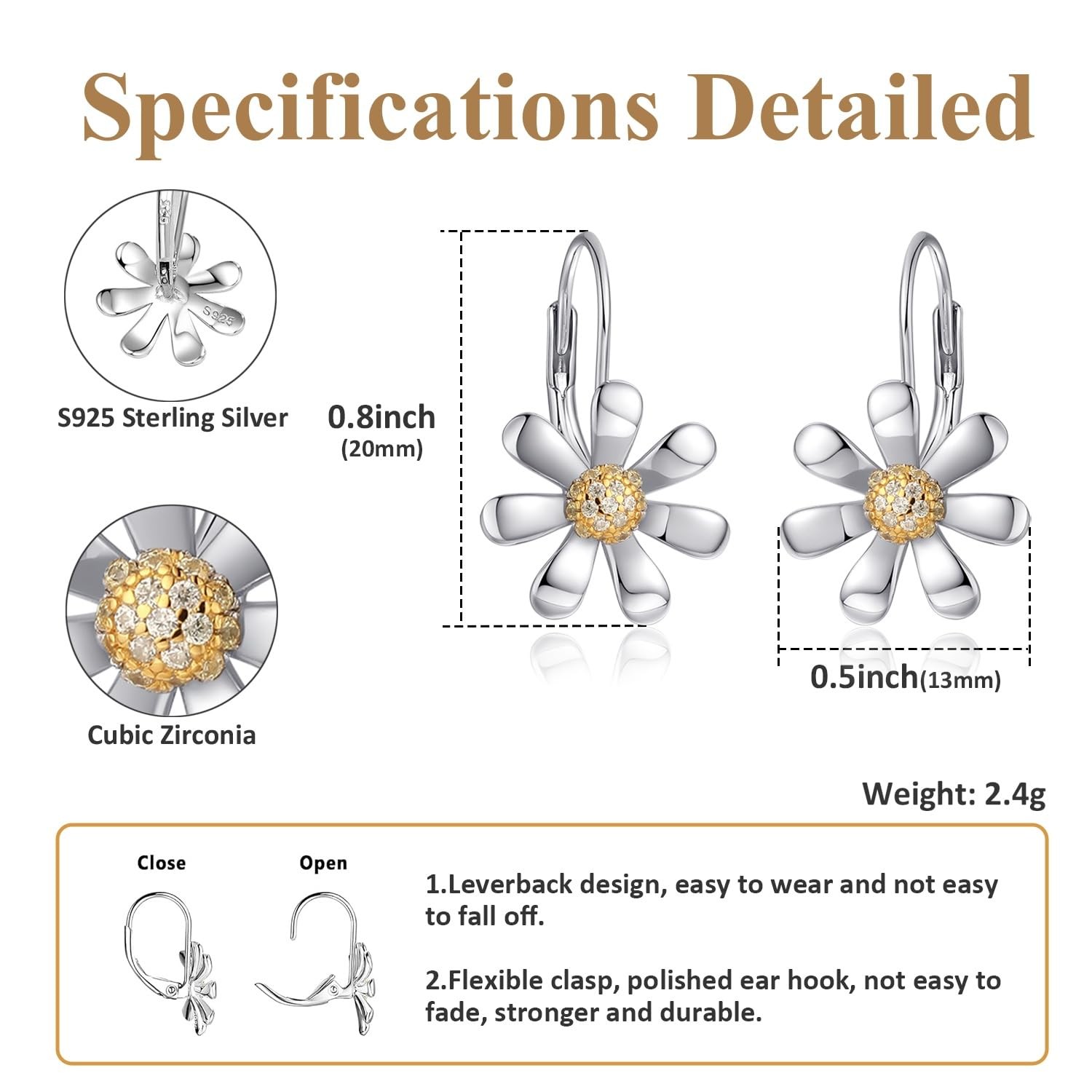 Daisy Earrings 925 Sterling Silver Leverback Drop Dangle Earrings for Women 1…