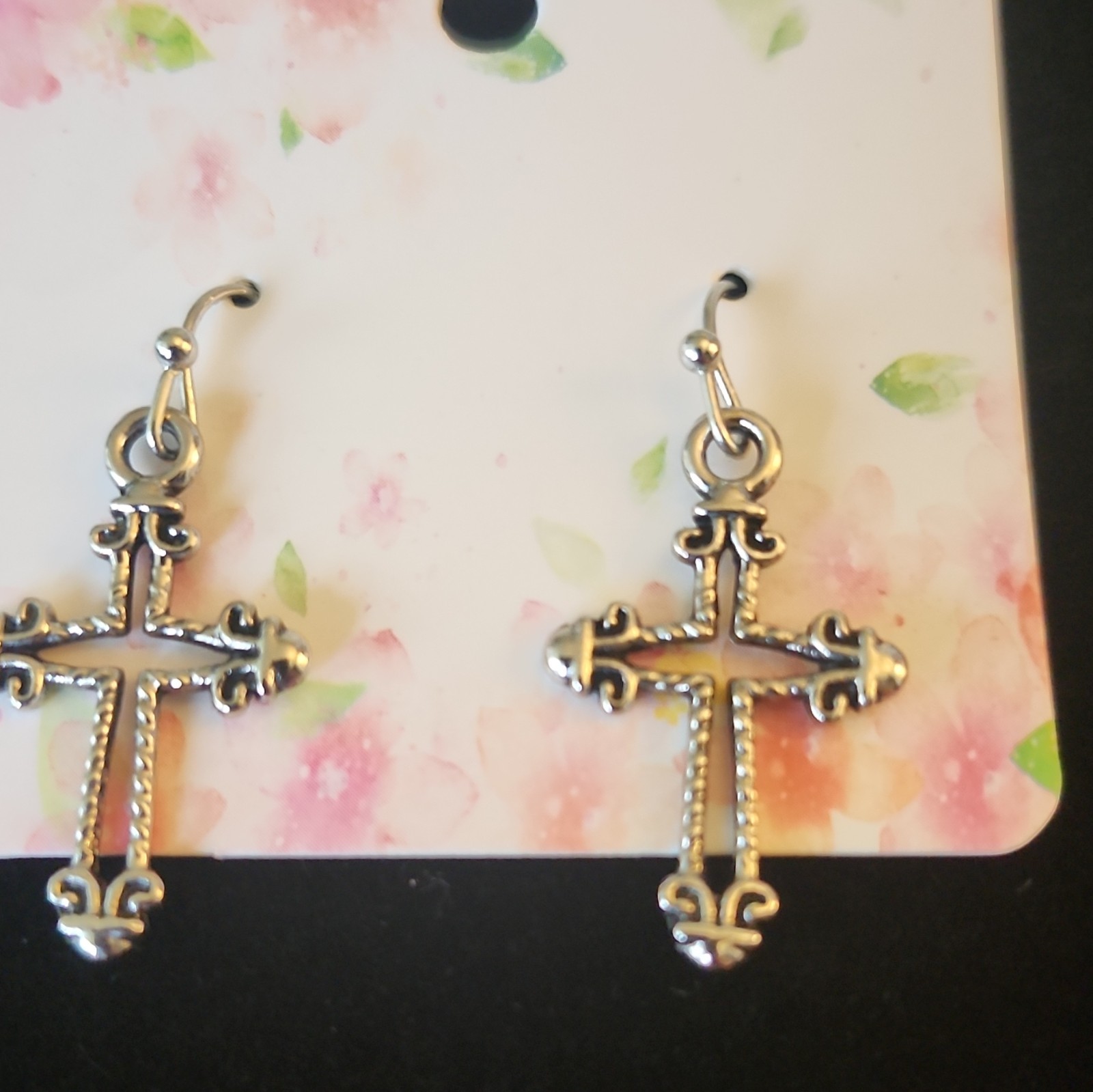 Silver Tone Cross Dangle Drop Hook Earrings for Lobe, Metal, No Stone