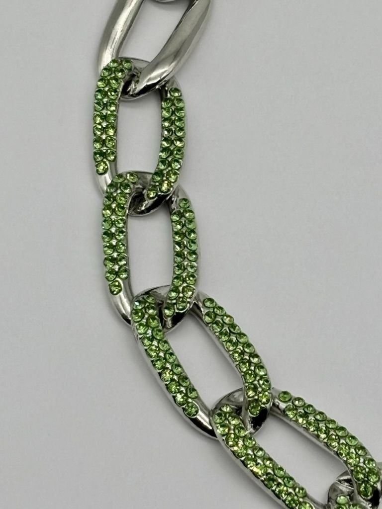Curb Link and Green Pave Crystal Silver-Tone Collar Necklace Adjustable Unsigned