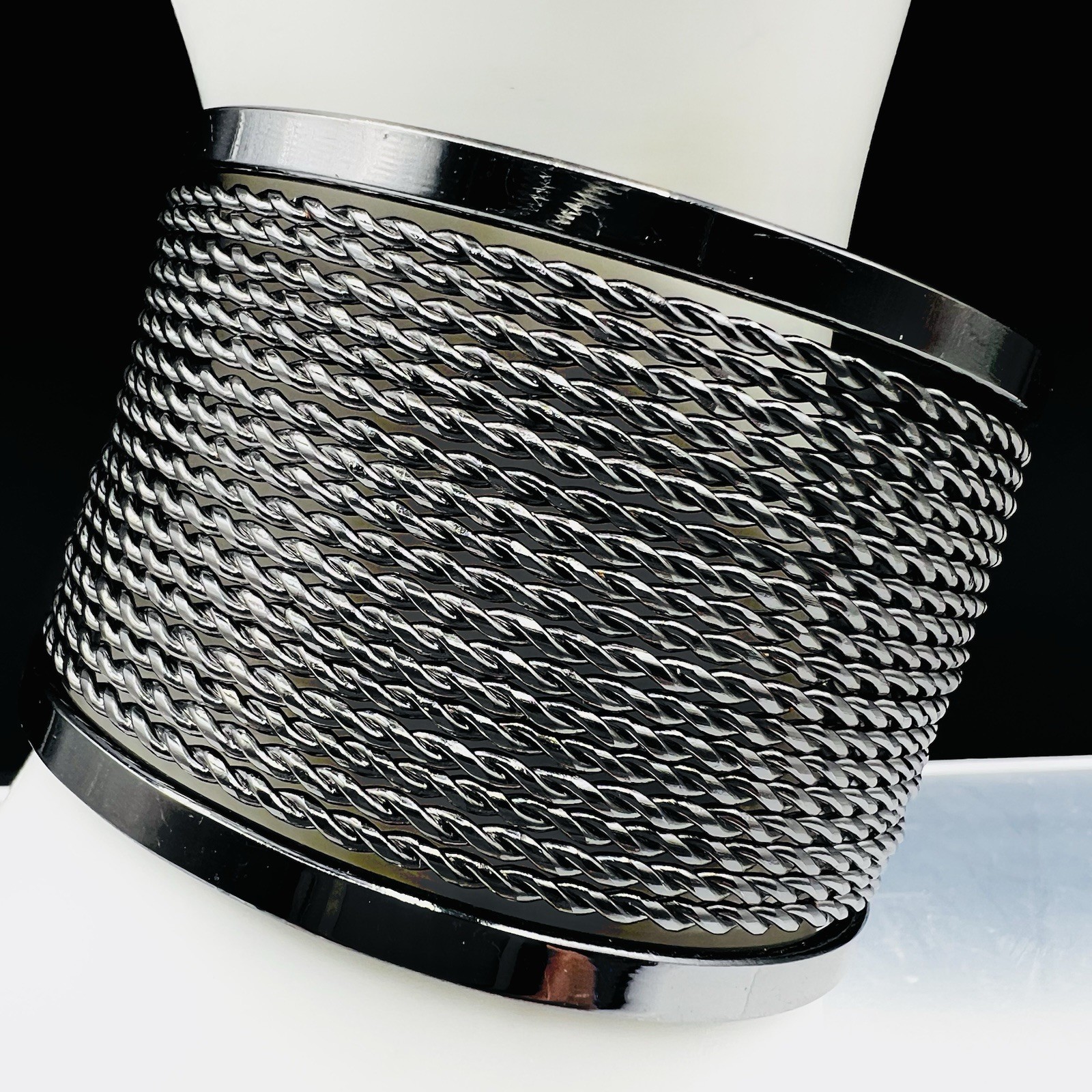 Gunmetal Rope Chain Wide Cuff Bracelet Mesh Wrap Modern Statement