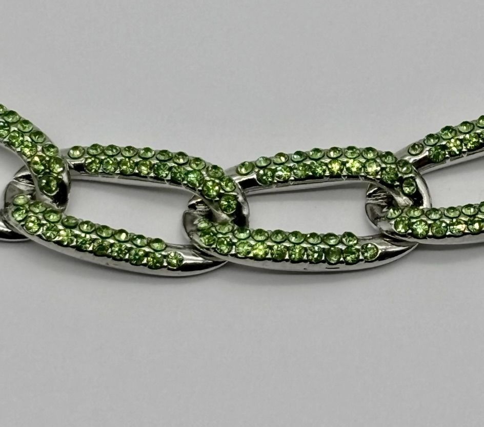 Curb Link and Green Pave Crystal Silver-Tone Collar Necklace Adjustable Unsigned