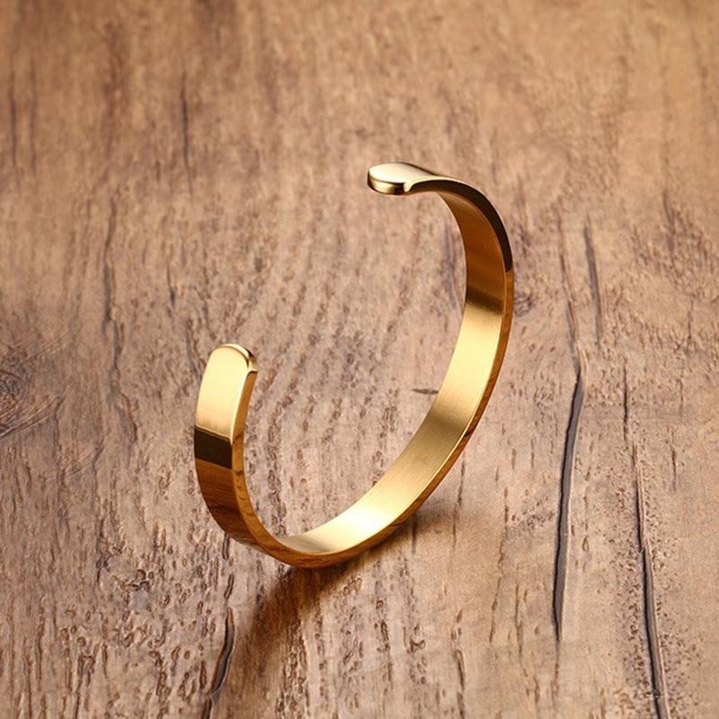 Men’s Gold-Color Stainless Steel Cuff Bracelet – High-Quality Simple Pulseiras