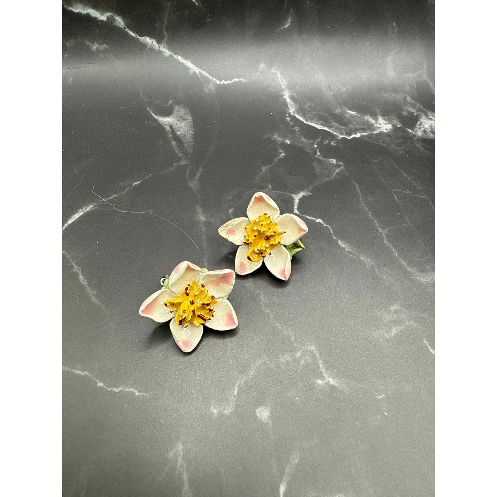 Vintage Ceramic German Enamel Flower Clip-On Earrings Yellow Center 1in