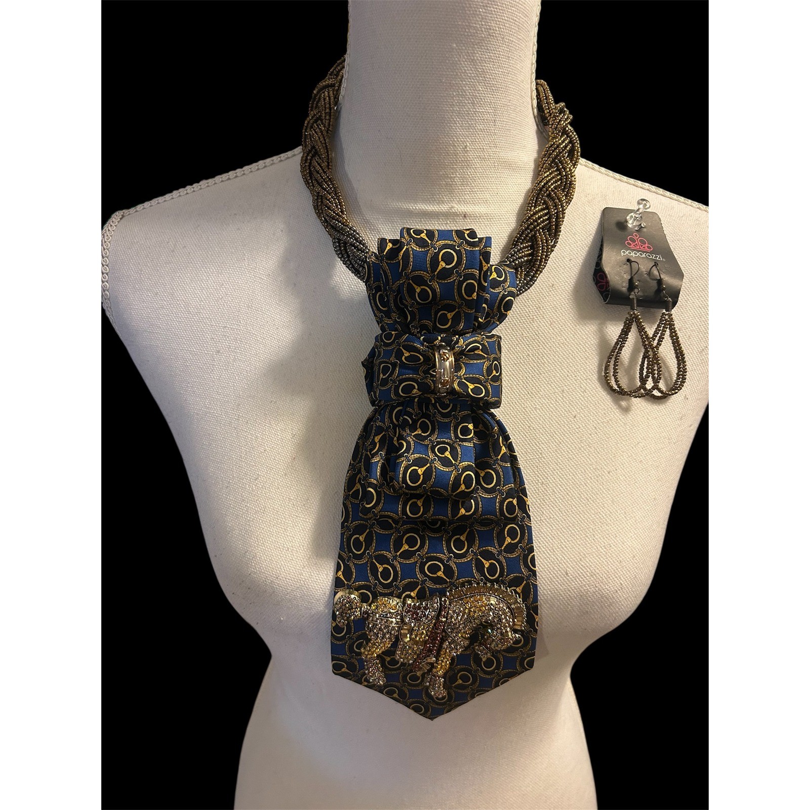 Club Room Silk Tie Horse Necklace Western Equestrian Blue Gold Crystal Brooch