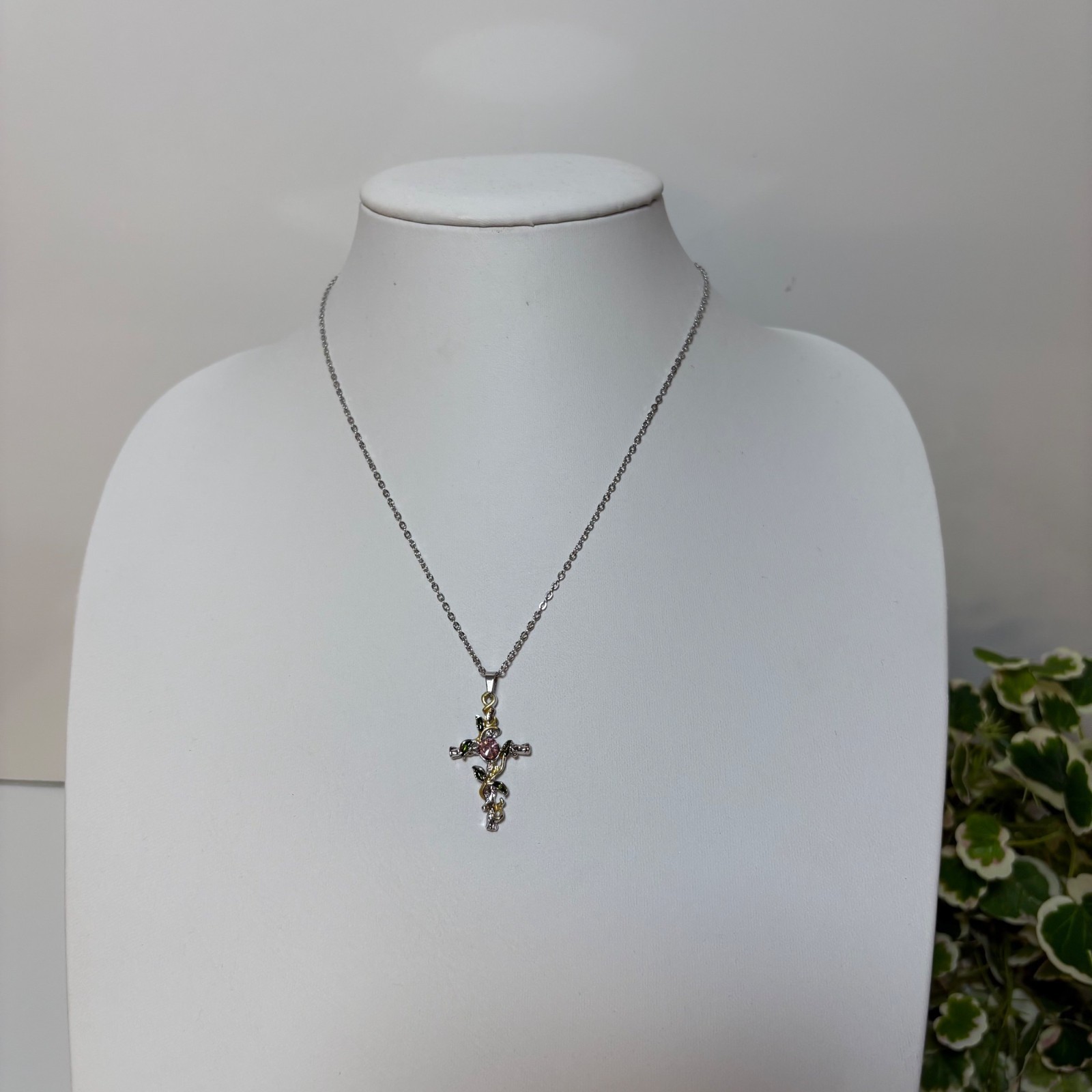 Gold and Silver Tone Leaf Cross Pendant Necklace Pink Crystal Accent NEW
