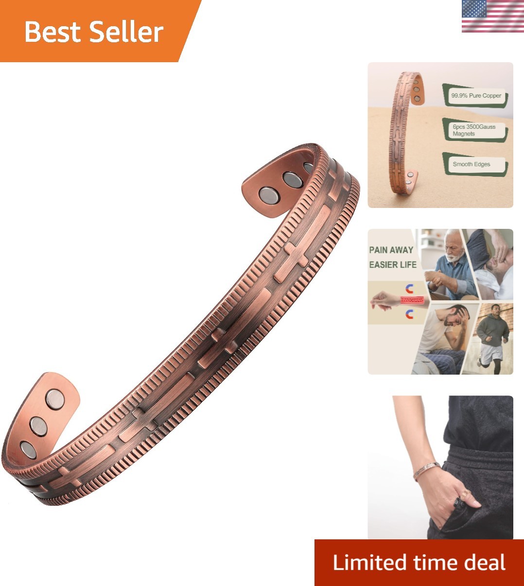 Adjustable 6.8-Inch Copper Magnetic Bracelet, 99.9% Pure for Elegant Wellness