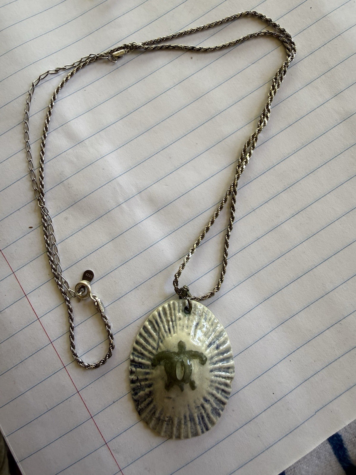 Silver Tone Oval Turtle Charm Pendant Rope Chain Necklace Spring Ring Closure