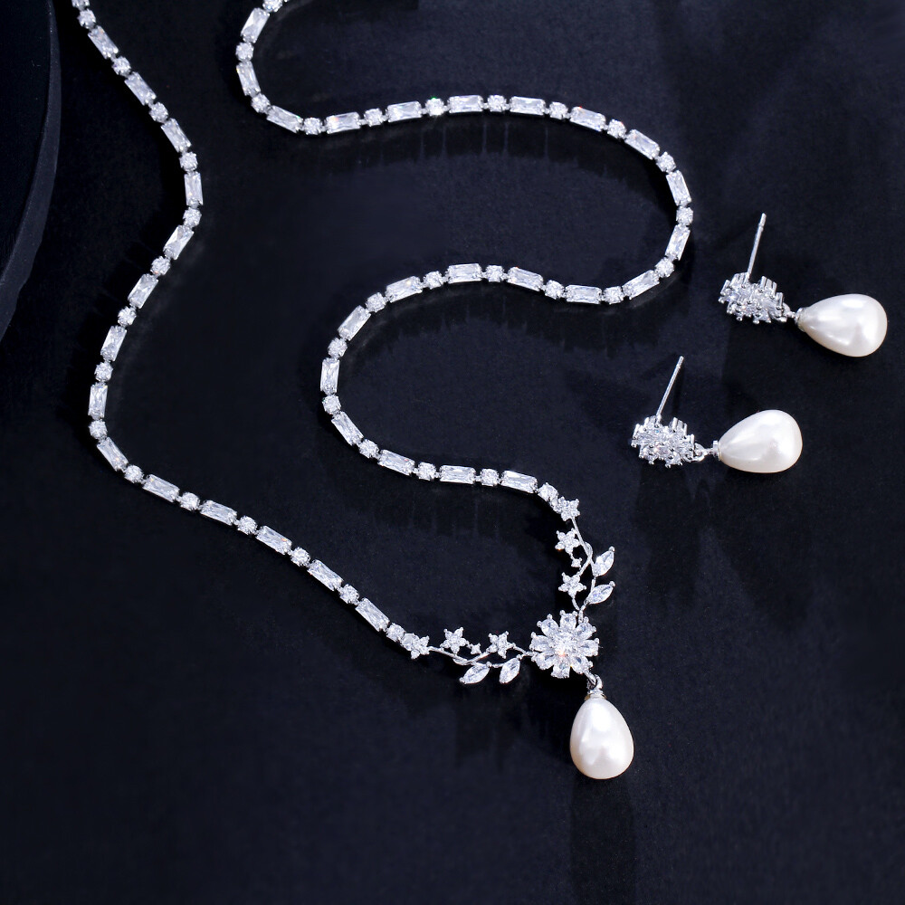 Top Silver Plated CZ Flower Leaf Tennis Pearl Drop Necklace Earrings Jewelry Set