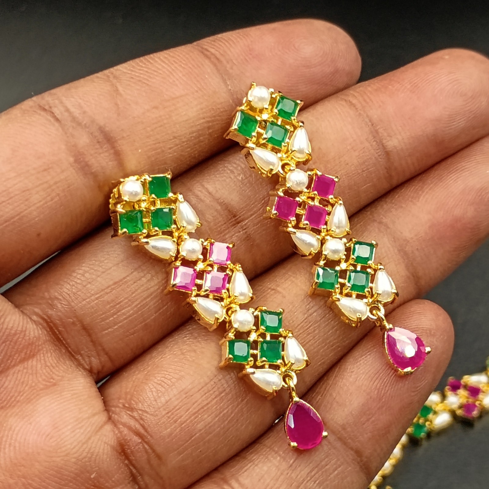 Bollywood Style Ruby Emerald Pearl 22K Gold Plated Jewelry Necklace Earrings Set