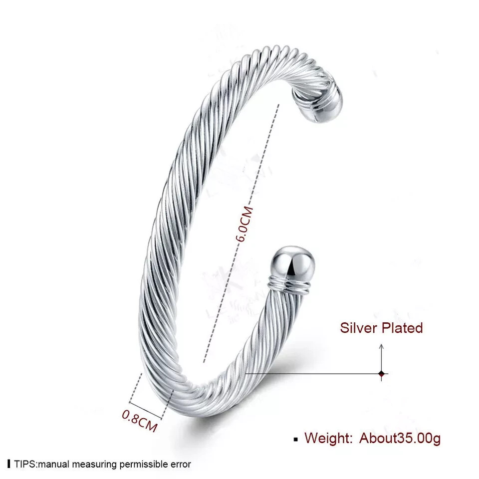 2x Women’s 925 Sterling Silver Twisted Cable Open Cuff Bangle Fashion Bracelet