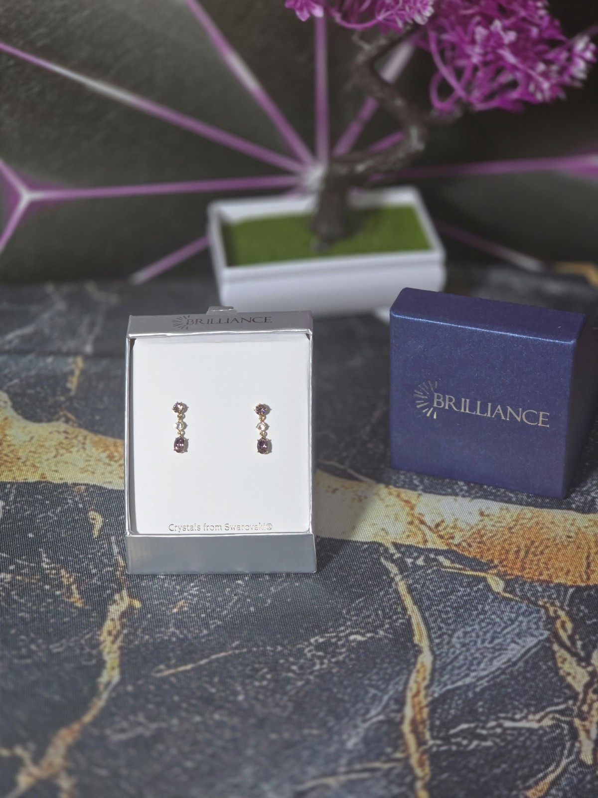 Brilliance Dangle/Drop Earrings Swarovski Crystals Purple/Clear Gold Tone