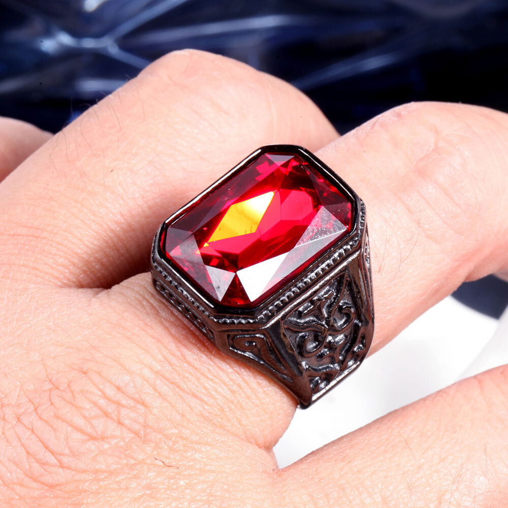 Men Big Stone Ring Stainless Steel Vintage Wedding Promise Cocktail Party Biker