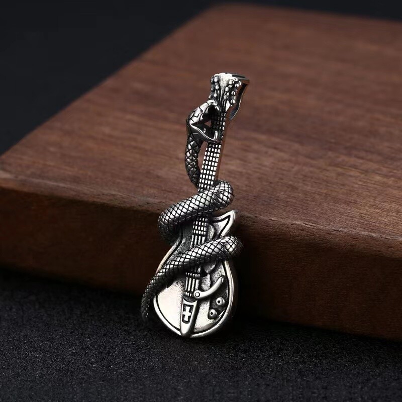 Silver Snake Guitar Pendant Necklace Men’s Punk Rock Jewelry Chain 24″ Gift