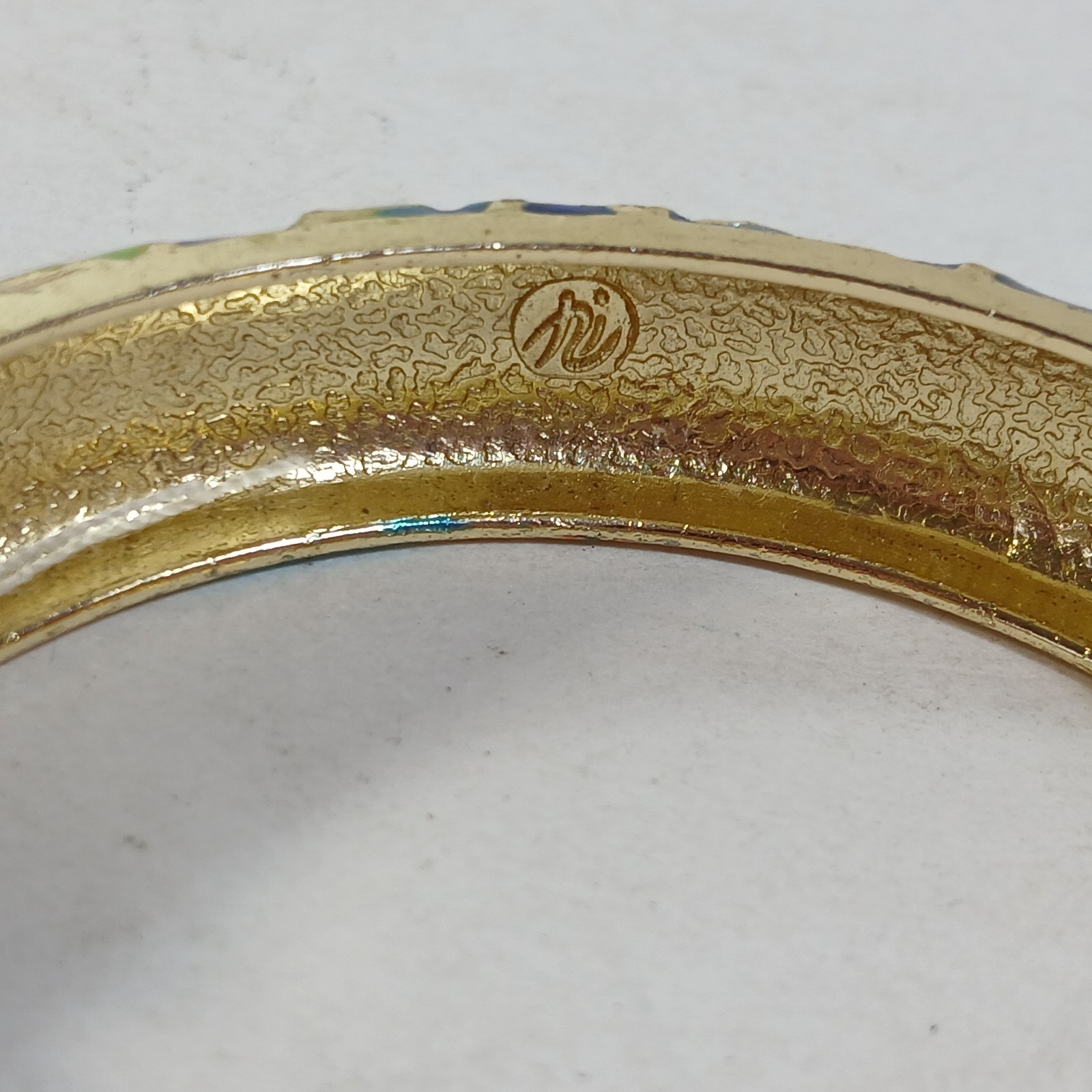 Signed Jiu Long Xing Blue Cloisonné Hinged Bracelet Enamel, Blue Bangle Floral