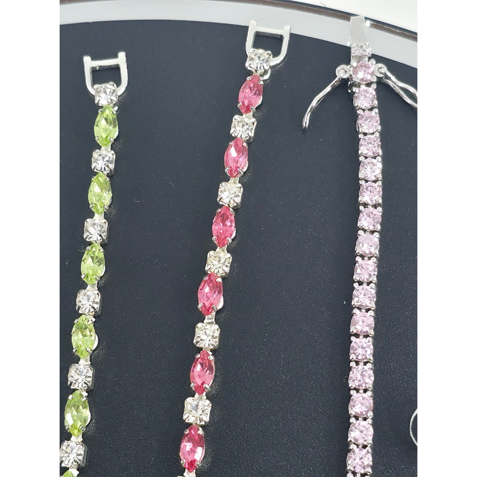 Women Silver Tone Tennis Bracelet Set 3PC Marquise Round Pink Green Stud Earring