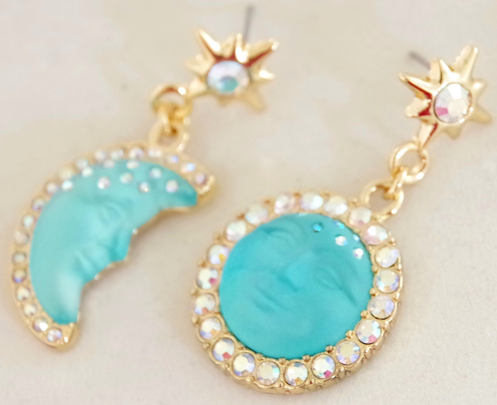 2″ KIRKS FOLLY BLUE SEAVIEW MOON FACE AB CRYSTAL RHINESTONE DROP DANGLE EARRINGS