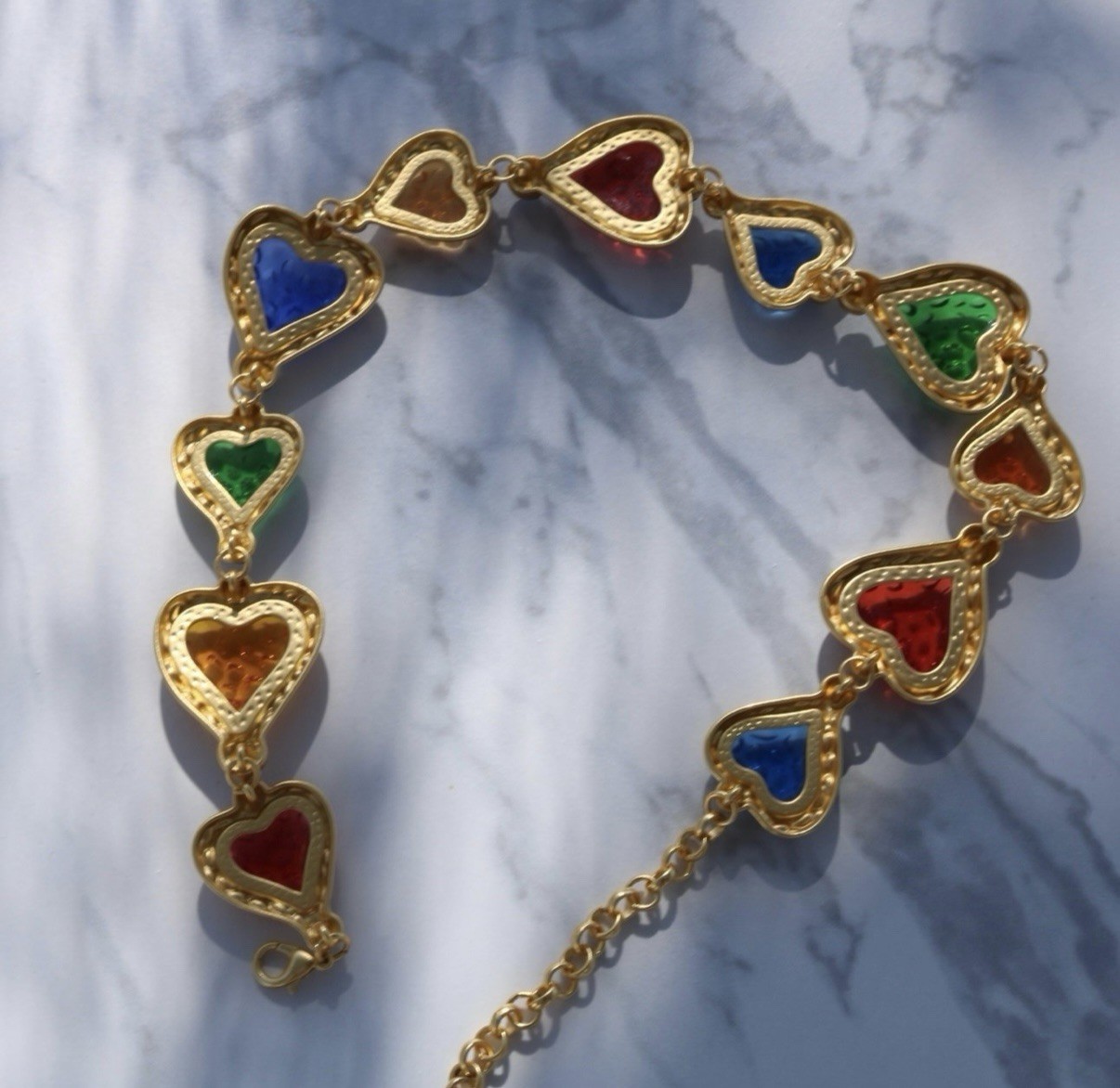 Multi Color Acrylic Textured Heart Matte Gold Toned Statement Runway