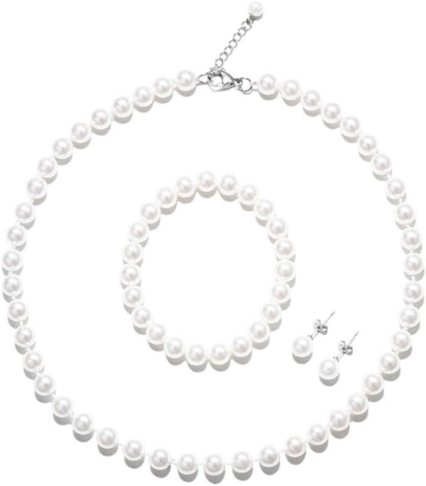White 8Mm Faux Hand Knotted Glass Imitation Pearls Necklace Earring Jewelry 3 Se