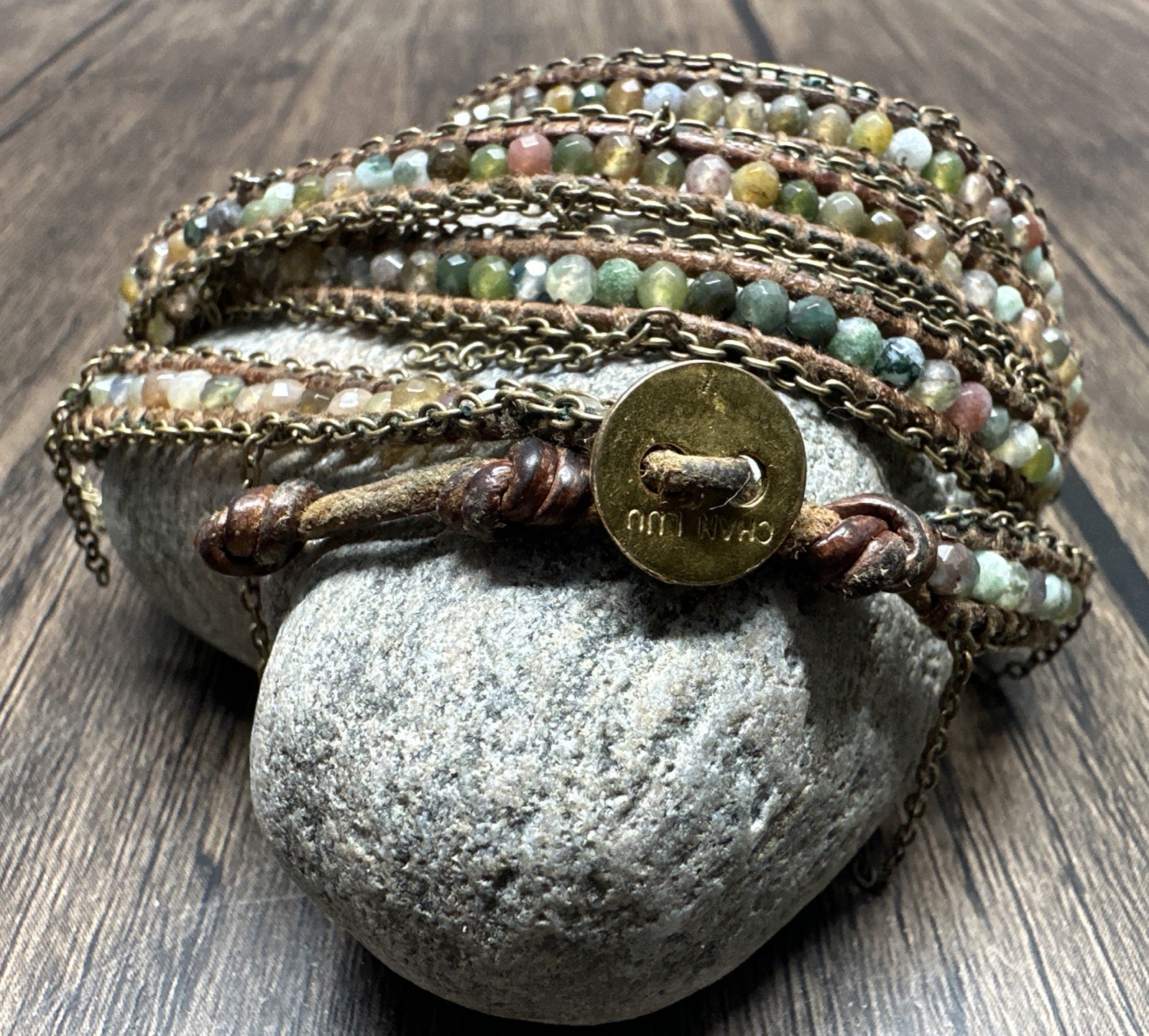 **CHAN LUU** 33” 5x Semi-Precious Stone Leather Cord Wrap-Around Bracelet