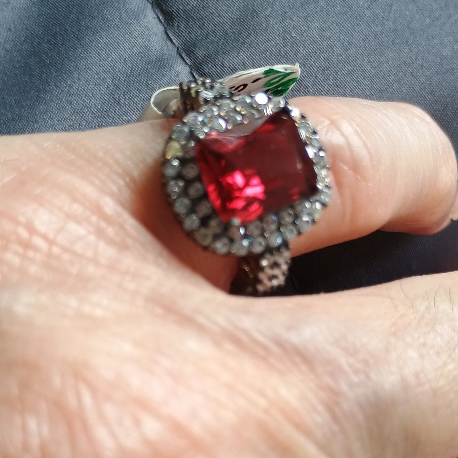 Silver-Tone Red Square Stone Halo Cocktail Ring, Size 7, Metal Setting