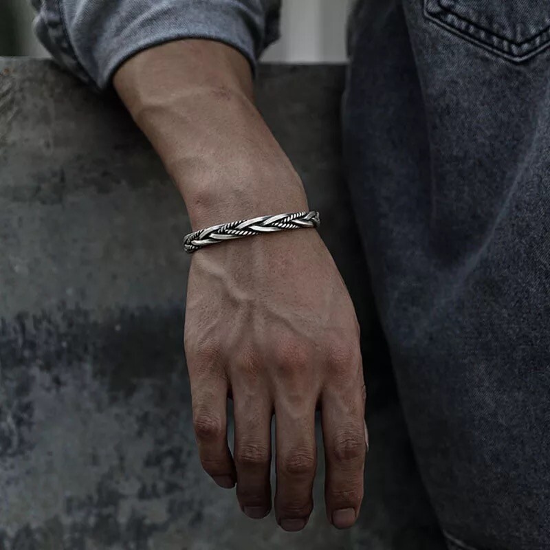 ZARD Men Twist Cable Cuff Bangle Statment Bracelet in 925 Sterling Silver