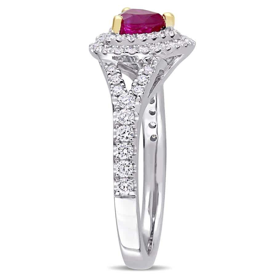 AMOUR Heart Shape Ruby and 2/5 CT TW Diamond Double Halo Ring In 14K White Gold