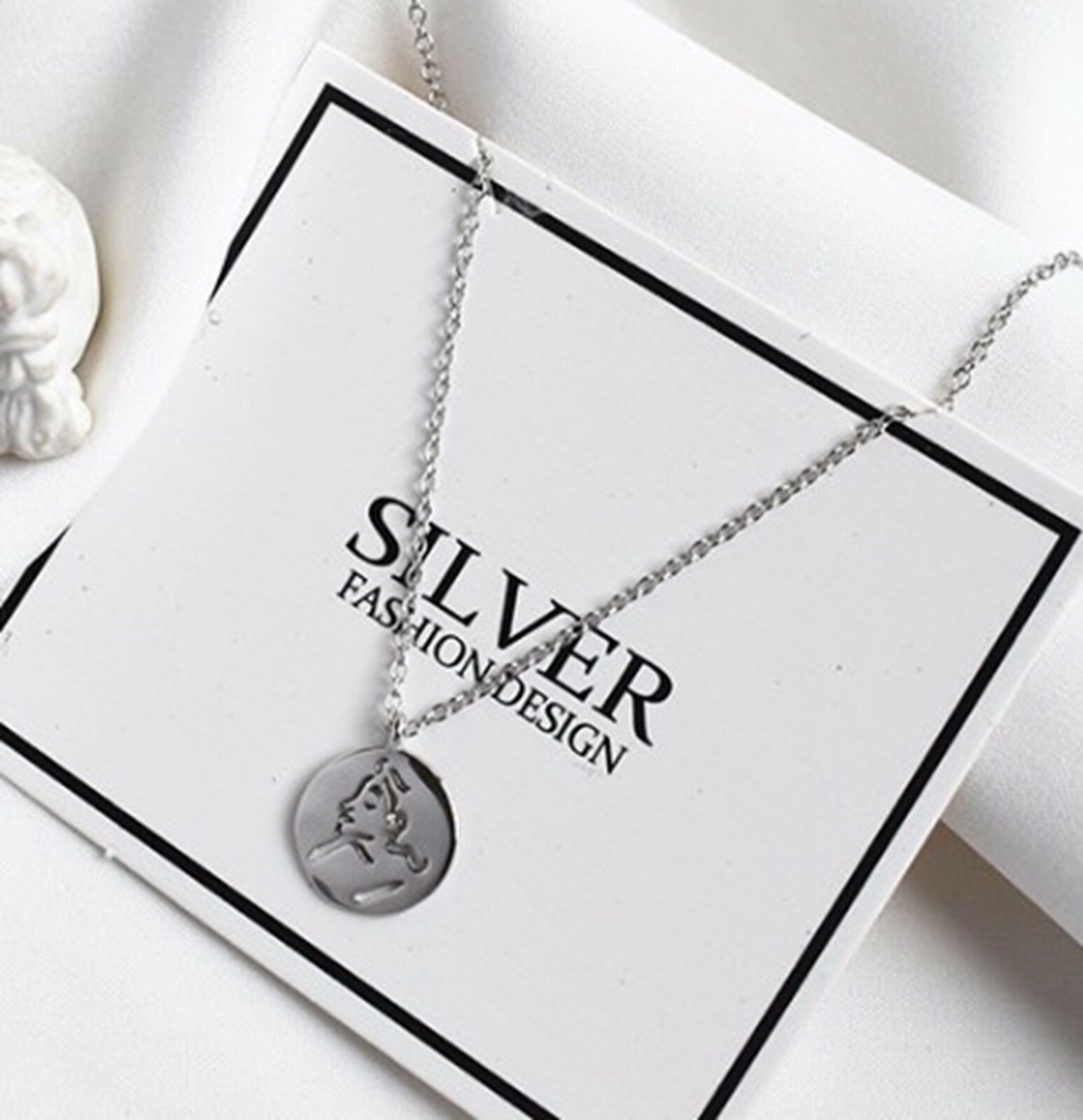 Women Girl 925 Sterling Silver Beauty Lady Face Silver Coin Necklace 16-18″