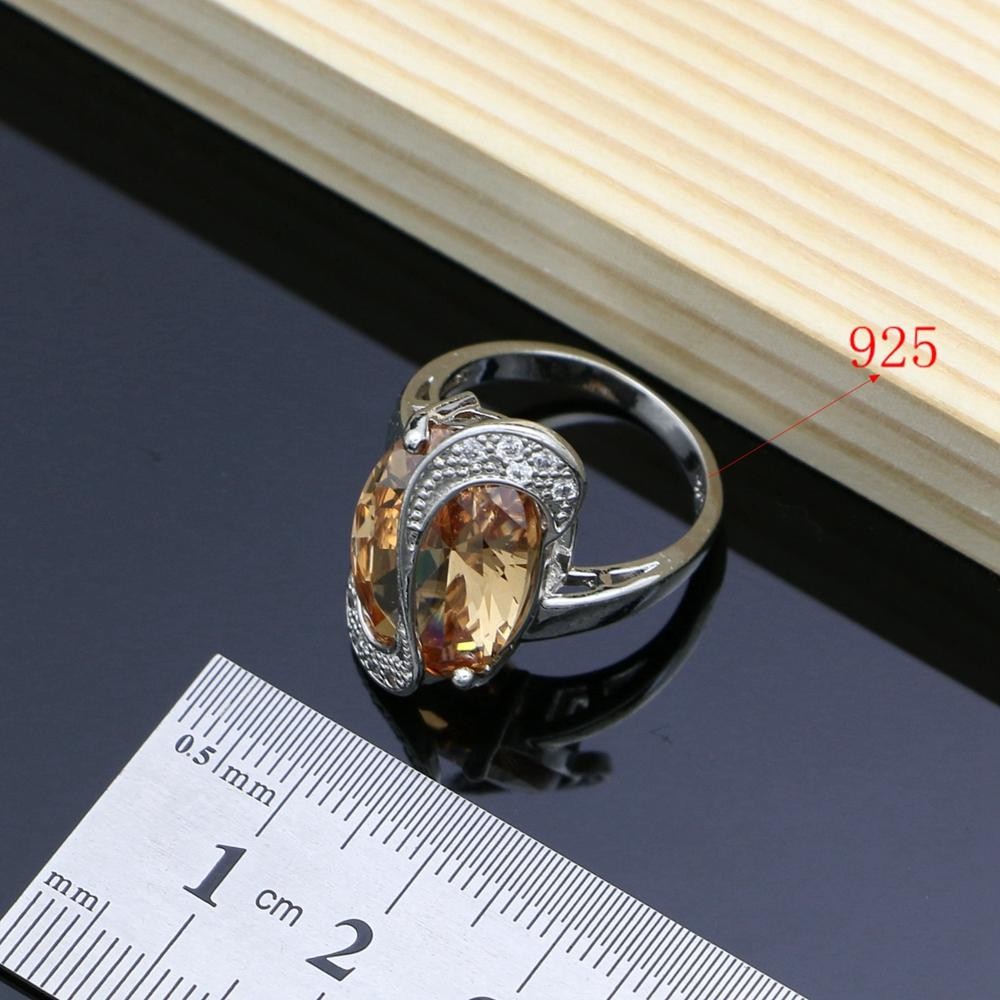 925 Silver Champagne Zircon Bridal Jewelry Set Necklace Earrings Ring Bracelet