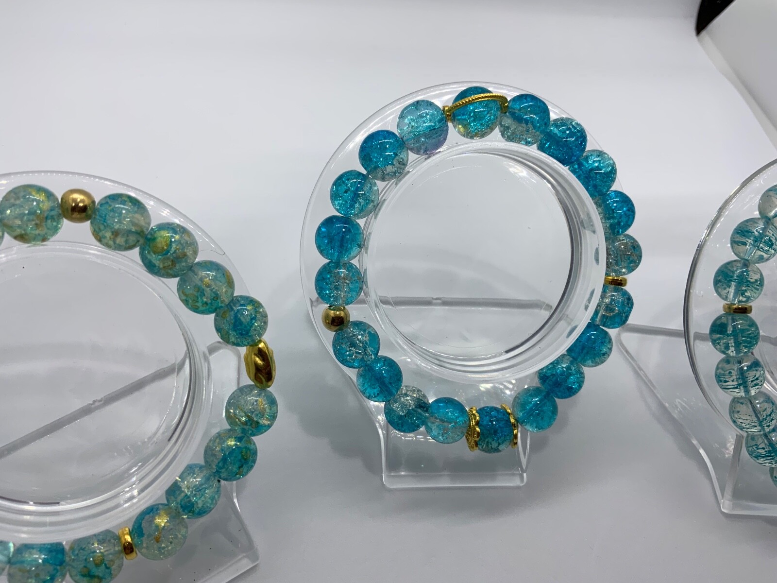 Lot of 3 Blue Teal Glass 9.5-10mm Bead Bracelet Jewelry Holiday 7in-8inch
