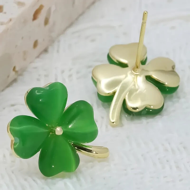 Lucky 4-Leaf Clover Synthetic Opal Stud Earrings Green St. Patrick’s Day Gift
