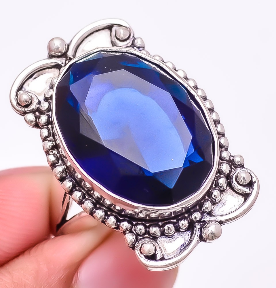 Madagascar Blue Sapphire (Lab-Created) 925 Silver Plated Jewelry Ring s.9.5 W446