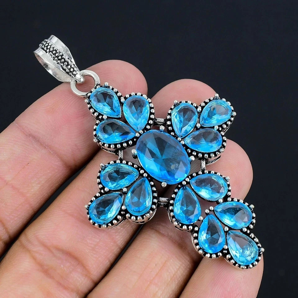Swiss Blue Topaz Gemstone Handmade 925 Sterling Silver Jewelry Pendant 2.30″