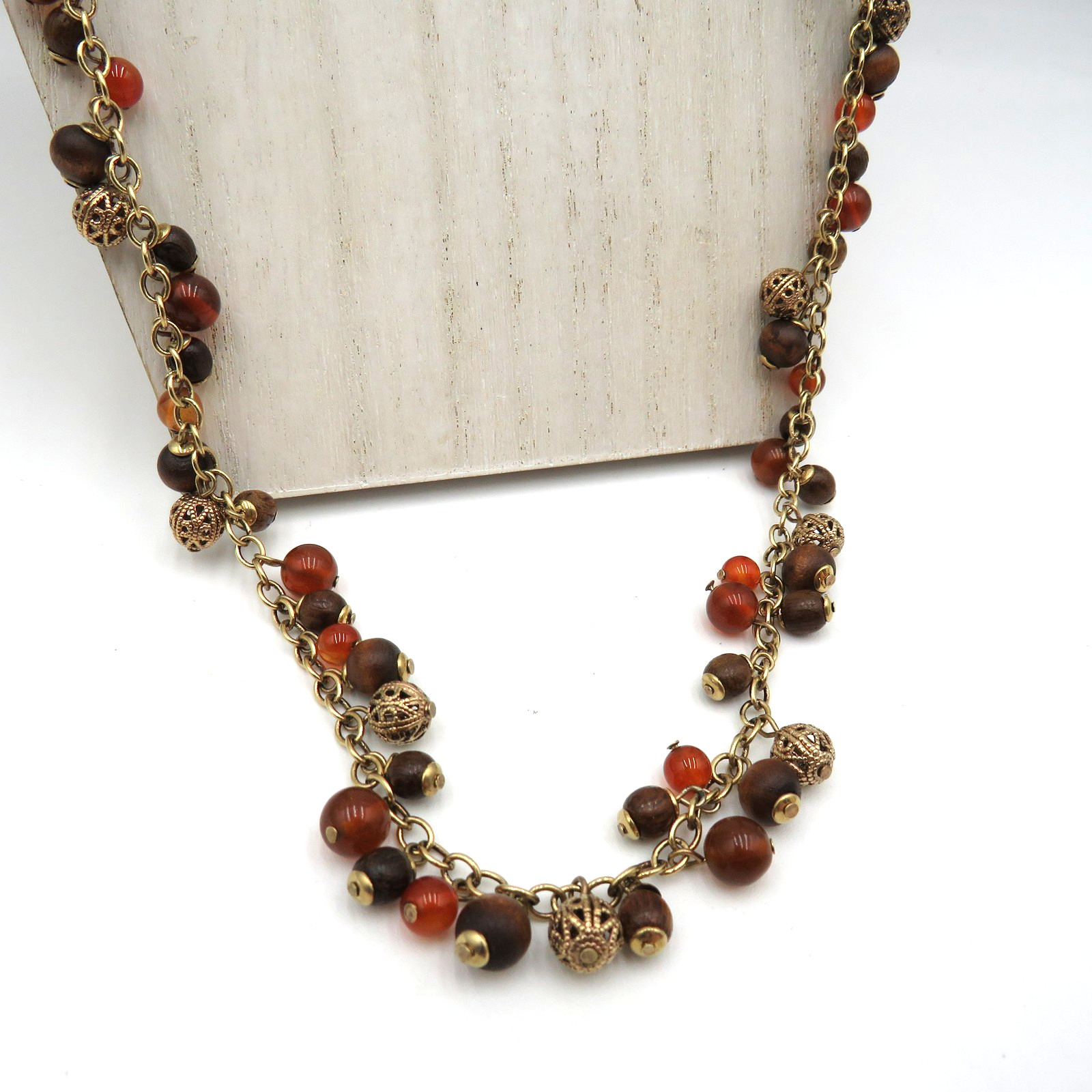 Vintage Beaded Necklace Bracelet Set Filigree Toggle Clasp 32″ Boho Jewelry