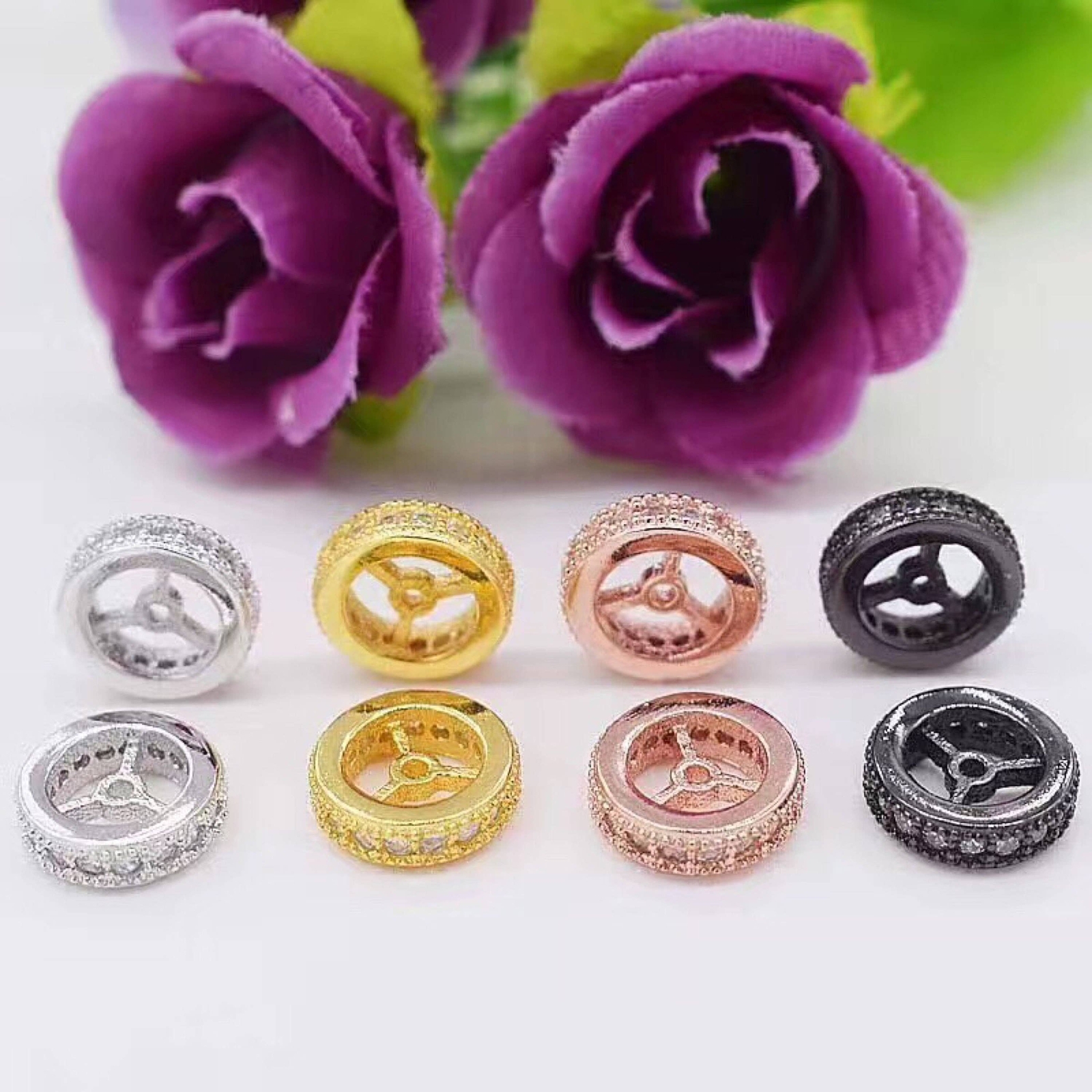 CZ Micro Pave Round Wheel Spacer Beads, Cubic Zirconia Spacer beads, Men