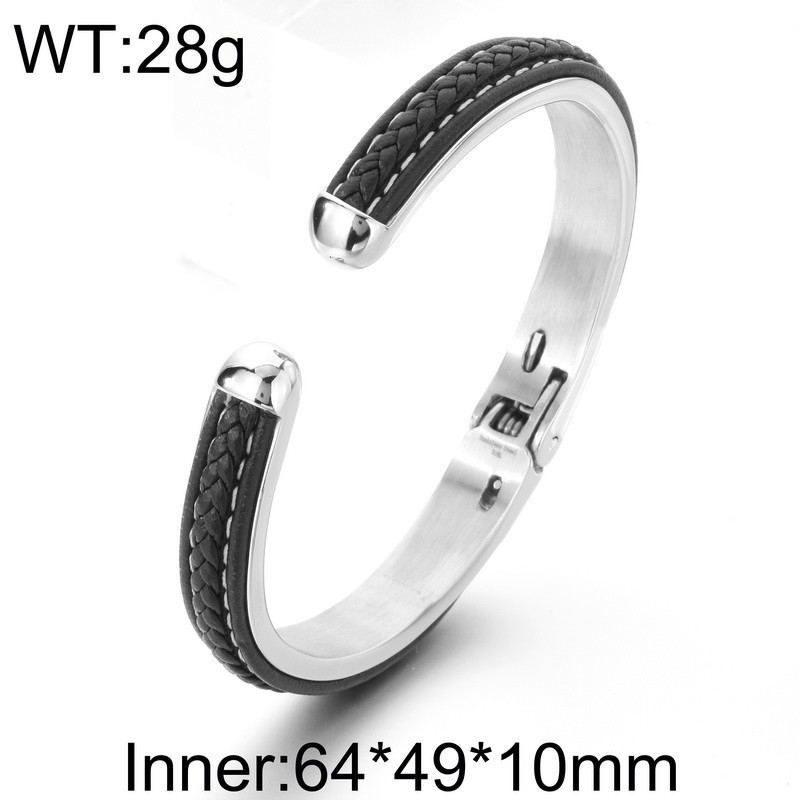 Unique Woven leather stainless steel C-shaped open Cuff Bangle Bracelet For Mens