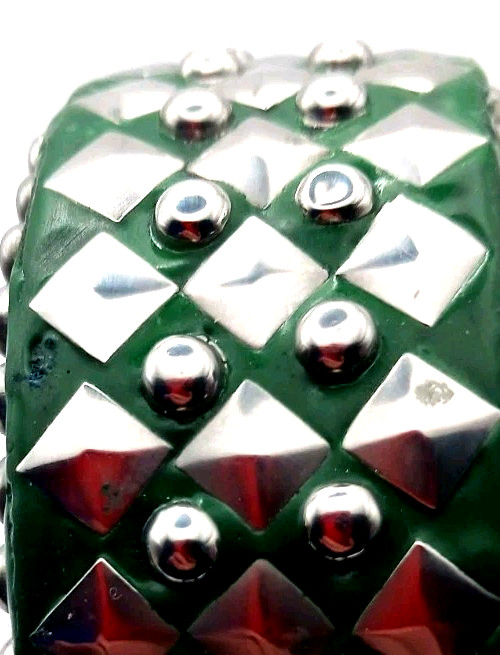Gothic Wood Bangle 5 Row Metal Studded Green Heavy Bracelet