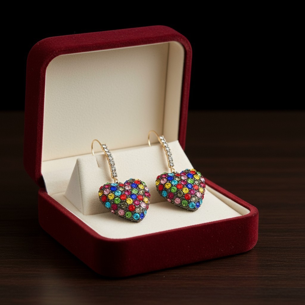 Betsey Johnson Stone Heart Dangle Earrings | Rainbow Pave Stones Crystal Accents